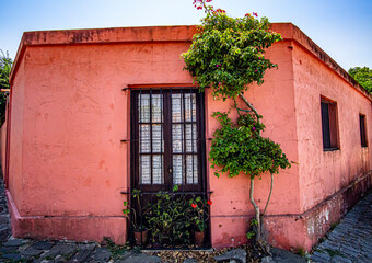 Fototapeta na wymiar Bright pink building in Uruguay