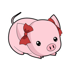 Cartoon cute pink pig, clipart animal girl. Doodle nursery decoration, black line hand drawn character. Vector illustration of kid art.