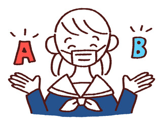 笑顔で両手を上げて選択に悩むセーラー服の女の子 マスク着用　