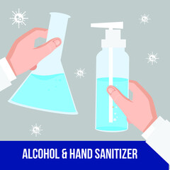 Holding hand sanitizer pump bottle, washing gel, alcohol gel in Lab