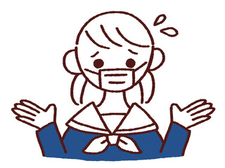 両手を上げて不安そうな顔をするセーラー服の女の子 マスク着用　