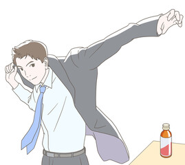 栄養ドリンクを飲んでスーツに袖を通すビジネスパーソン【出勤前】