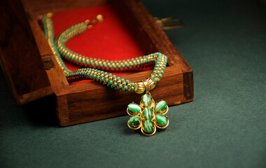 Green beads pendant necklace with wooden box, ,  Indian Traditional jewelry