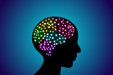 3d digital neuro multicolored colorful glowing particles lines and dots plexus structure human brain on adult people head black silhouette, stock vector illustration on blue gradient background