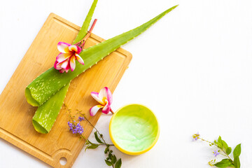 soak cream treatment aroma health care for head and hairs from herbal aloe vera local of asia arrangement flat lay style on background wooden white