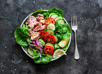 Healthy balanced diet food - canned tuna, tomatoes, cucumbers, romaine salad, red onion, olive oil salad dressing appetizer, lunch, tapas delicious salad on a dark background, top view