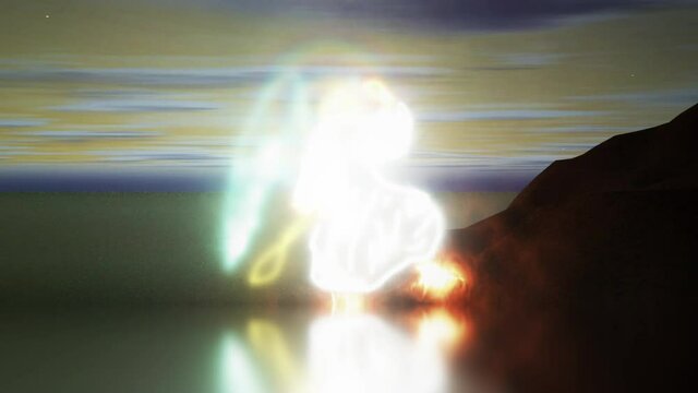 El &aacute;ngel poderoso que estaba sobre el mar y sobre la tierra portando un rollo, Visi&oacute;n Apocalipsis, sus pies como columnas de fuego y un arco iris sobre su cabeza