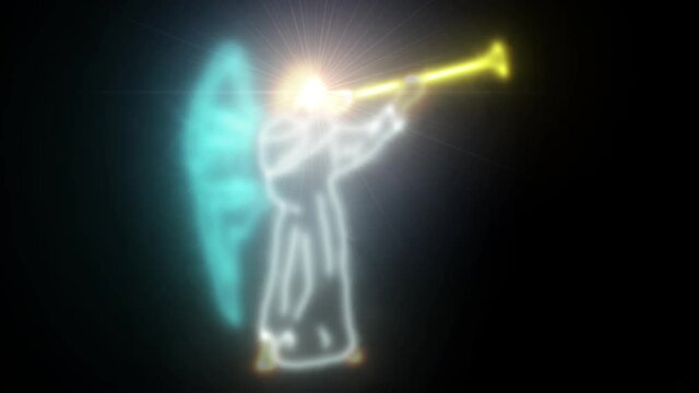 &aacute;ngel con rostro resplandeciente, tocando la trompeta del Apocalipsis