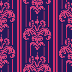 Damask seamless pattern, wallpaper texture, vintage background pattern. Sample template. Dark blue and pink colors. For fabrics, covers, posters, interior design or wallpaper. Vector background image