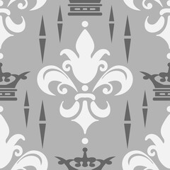 Seamless floral pattern, wallpaper texture, elegant background pattern. Sample template. Grey, silver and white colors. For fabrics, covers, posters, interior design or wallpaper. Vector background