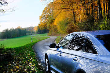 Car on the autumn road. Autumn travel and trips.Road view. Silver color car on the road  with trees with yellow foliage and green fields in the sunshine.Autumn landscape. Fall season.Autumn time.
