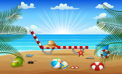 Fototapeta na wymiar Tropical beach with toys on the sea sand