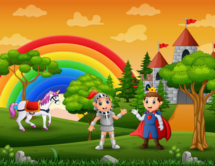 Prince and knight outdoors with a castle background