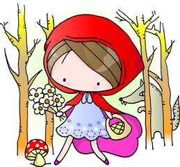 vector cartoon Little Red Riding Hood with wolf