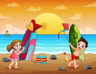 Happy kids playing kite on the beach illustration