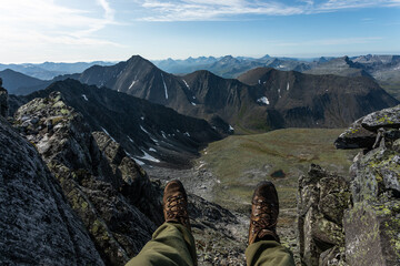 The concept of outdoor activities in the mountains. Minimalist mountain landscape. Atmospheric view. The majestic nature of the Circumpolar Urals.