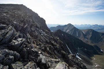 The concept of outdoor activities in the mountains. Minimalist mountain landscape. Atmospheric view. The majestic nature of the Circumpolar Urals.
