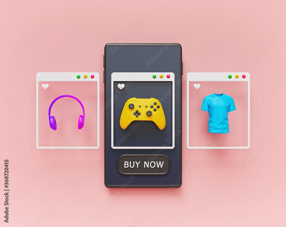 Poster shopping online on a smartphone. modern mobile application interface. minimal icons. 3d rendering