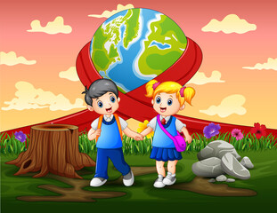 Obraz na płótnie Canvas Happy world day with two school kids