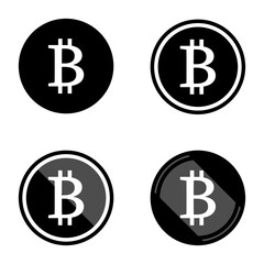 Bitcoin virtual currency symbols icons logo simple black and white colored set. A set of bitcoin virtual currency symbols, black and white, minimalist with simple highlights.