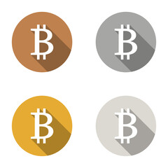 Bitcoin virtual currency symbols icons logo bronze, silver, gold, platinum colored set. A set of bitcoin virtual currency symbols, bronze, silver, gold, platinum, minimalist with long shadows.