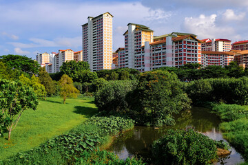 Picturesque view of local colourful public housing in setting of lush greenery, on bright sunny day; blue sky with clouds, Singapore