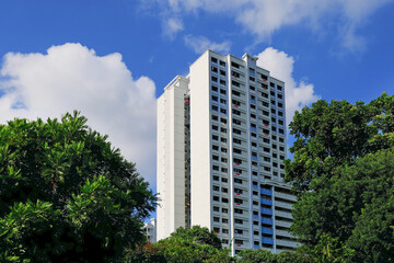 Obraz na płótnie Canvas Shot of typical common high rise building of public housing HDB flats in Singapore, point block architecture, against blue sky with clouds. Lush foliage in foreground