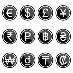 Currency symbols icons simple black-colored set. A set of currency symbols used in different countries, black with simple highlights.