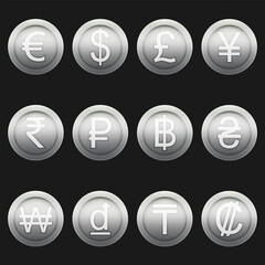 Currency coins symbols icons shiny metallic silver set. A set of currency symbols used in different countries, shiny silver metallic material.