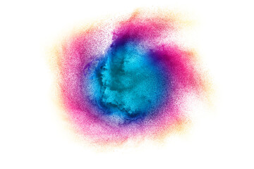 Freeze motion of colorful dust particles on white background.Abstract pastel color powder overlay texture.