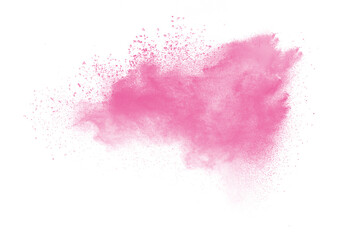 Pink powder explosion on white background. Pink dust splash cloud.Launched colorful particles.