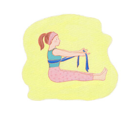 A woman doing home exercise with resistance band. Pilates exercise. Hand drawn by acrylic paint.