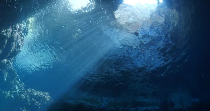 light beams in a cave underwater sun rays sun beam sun shine between rock relaxing blue ocean scenery nice light nice backgrounds
