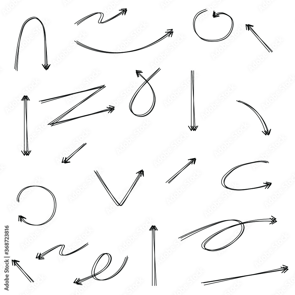 Poster abstract set black collection hand drawn different arrows elements vector design sketch style doodle