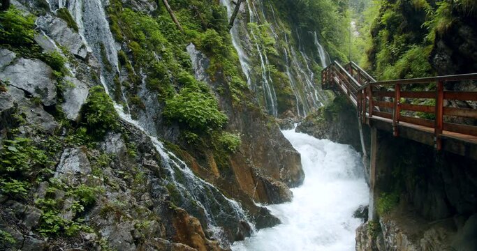 Wimbachklamm gorge with walking tourist trail outdoor path in Southern Bavaria, Germany