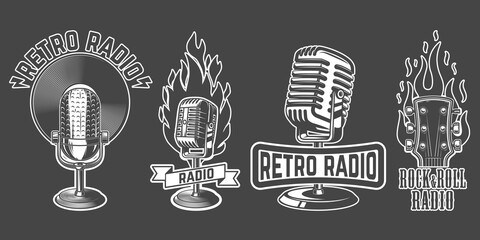 Set of  emblems with old style microphone isolated on white background. Design elements for logo, label, sign. Vector illustration