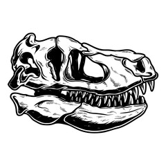 Illustration of skull of Tyrannosaurus dinosaur in vintage monochrome style. Design element for logo, emblem, sign, poster, card, banner. Vector illustration © liubov