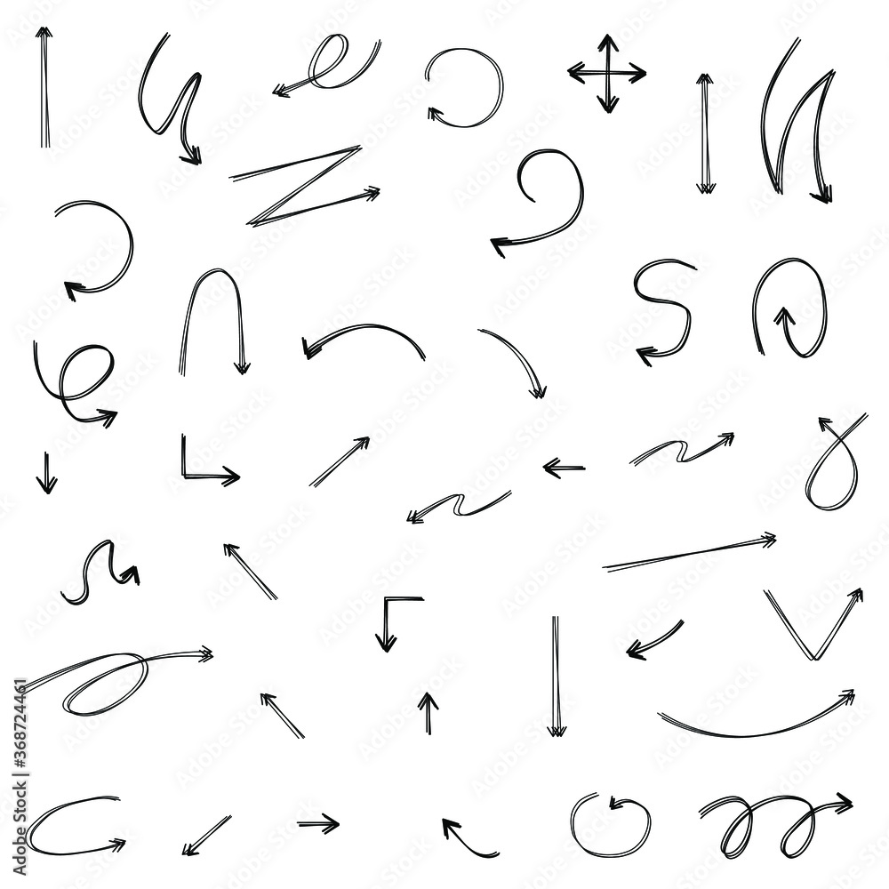 Poster abstract set black collection hand drawn different arrows elements vector design sketch style doodle