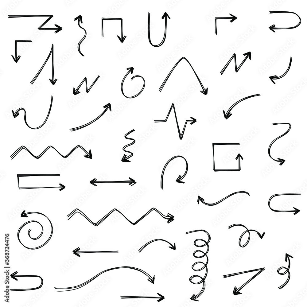 Poster abstract set black collection hand drawn different arrows elements vector design sketch style doodle