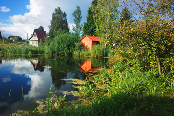 Fototapeta na wymiar Village summer lake background