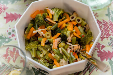 seafood salad in a bowl on the table