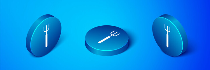 Isometric Garden pitchfork icon isolated on blue background. Garden fork sign. Tool for horticulture, agriculture, farming. Blue circle button. Vector.
