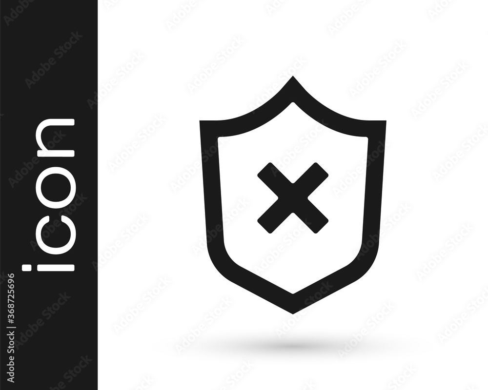 Poster black shield with cross mark icon isolated on white background. shield and rejected. notice of refus
