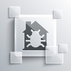 Grey House system bug concept icon isolated on grey background. Code bug concept. Bug in the system. Bug searching. Square glass panels. Vector.