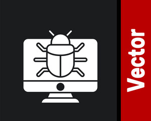 White System bug on monitor icon isolated on black background. Code bug concept. Bug in the system. Bug searching. Vector.