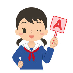 英語のAの札を持った女子学生　イラスト