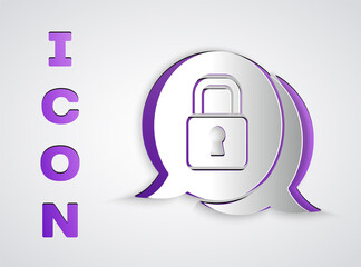 Paper cut Cyber security icon isolated on grey background. Closed padlock on digital circuit board. Safety concept. Digital data protection. Paper art style. Vector.