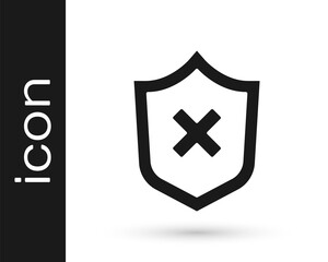 Obraz premium Black Shield with cross mark icon isolated on white background. Shield and rejected. Notice of refusal. Vector.