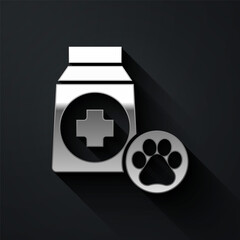 Silver Bag of food for dog icon isolated on black background. Dog or cat paw print. Food for animals. Pet food package. Long shadow style. Vector.