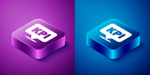 Isometric KPI - Key performance indicator icon isolated on blue and purple background. Square button. Vector.